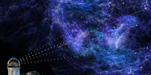 In an artist’s rendering,light from quasars passes through intergalactic clouds of hydrogen gas. The light offers clues to the structure of the distant cosmos.