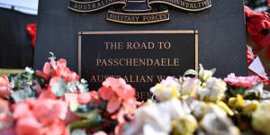 Flowers at a memorial for Australian soldiers in Belgium.