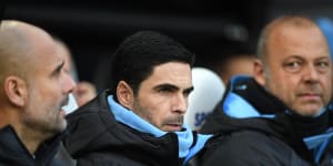 Mikel Arteta on the City bench last month.