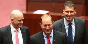 Senator Fraser Anning was escorted by Senator David Leyonhjelm and Senator Cory Bernardi at Parliament House on Monday,as he was sworn in as a One Nation senator. An hour later,he was an independent.