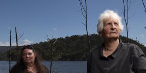 Gundungurra traditional owners,Kazan Brown (left) and Aunty Sharyn Halls,visit an area on the shores of Lake Burragorang that will be inundated if the dam wall is raised.