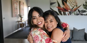 ‘It’s brought more love’:Rache Mahon (left) with birth mother Nancy Loquinario at Mahon’s home in Ravenswood,Victoria.