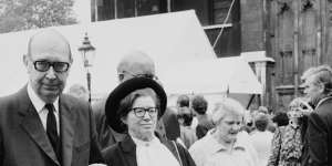 English poet Philip Larkin (1922 - 1985) with Monica Jones at Westminster Abbey in 1984.