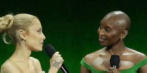 Ariana Grande,left,and Cynthia Erivo,cast members in the upcoming film “Wicked.” 