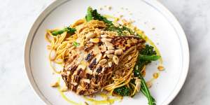 Jamie Oliver's chicken noodle stir-fry with broccolini and toasted peanuts.