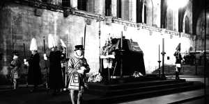 The coffin of King George VI resting on a catafalque in Westminster Hall in 1952.