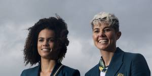 Michelle Heyman (left) with Australian sprinter Torrie Lewis on Wednesday.