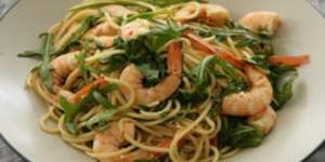 Spaghetti with prawns,anchovy and capers