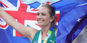 Kelsey-Lee Barber celebrates winning javelin gold at the 2022 World Athletics Championships.