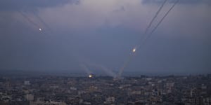 Rockets being fired towards Israel from the Gaza Strip.