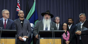 Senator Patrick Dodson during a press conference at Parliament House in Canberra in March.