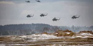 Military helicopters take part in the Belarusian and Russian joint military drills at Brestsky firing range,Belarus,earlier this month.