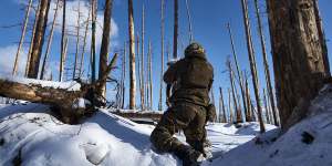 Soldiers of Ukrainian National Guard hold their positions in the snow-covered Serebryan Forest in temperatures of -15°C in Kreminna,Donetsk,Ukraine.