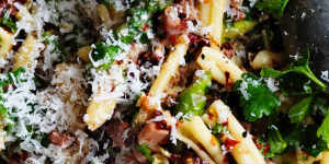 Casarecce pasta with asparagus,chilli,garlic and pancetta.