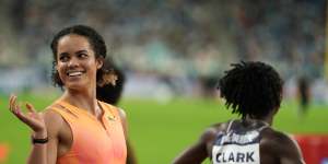 Torrie Lewis reacts after her win in the Diamond League.