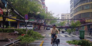 A cyclist rides past fallen debris and trees in the aftermath of heavy storms in Qingyuan,Guangdong province.