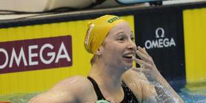 Mollie O’Callaghan reacts after winning the 200m freestyle final at the World Swimming Championships last year.