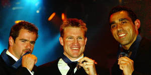 Nathan Buckley (centre),Mark Ricciuto (left) and Adam Goodes with their Brownlow Medals in 2003.