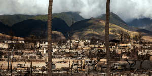 The wreckage of a neighborhood destroyed by last week’s wildfire in Lahaina,on the Hawaiian island of Maui.
