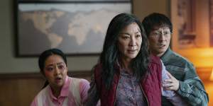 Stephanie Hsu,Michelle Yeoh and Ke Huy Quan in a scene from “Everything Everywhere All At Once.” 
