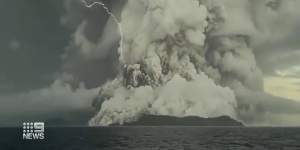 The explosion on Saturday off Tonga,with lightening seen nearby.