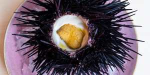 Double yeah:Taramasalata served with sea urchin inside its spiky shell.