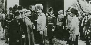 Archduke Franz Ferdinand greets dignitaries in Sarajevo on June 28,1914,shortly before his assassination by Gavrilo Princip.