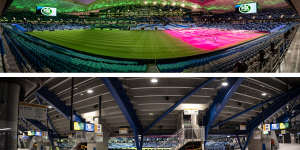 Top:The newly completed Allianz Stadium lights up ahead of its grand unveiling. Bottom:Inside the rebuilt stadium concourse.