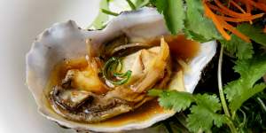 Plump,extra-large steamed oysters with ginger and spring onion.