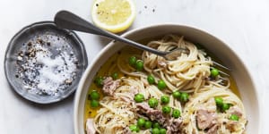 ***EMBARGOED FOR SUNDAY LIFE,NOVEMBER 17/19 ISSUE*** Adam Liaw recipe:Â Canned Tuna and Frozen Pea spaghetti Photograph by William Meppem (photographer on contract,no restrictions)