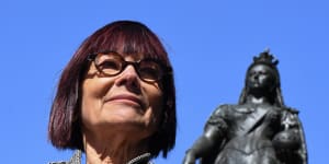 Professor Jenny Hocking,with a statue of Queen Victoria behind her,is taking her fight to release correspondence between Queen Elizabeth and former governor-general Sir John Kerr over the dismissal to the High Court. 