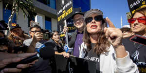 A scene from the SAG-AFTRA strike in Los Angeles in July.