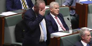 Barnaby Joyce,left,toppled Michael McCormack as Nationals leader in June last year with a pitch of expanding the Nationals’ seat count and putting more pressure on the Liberals for increased rural funding.