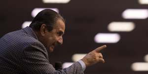 Pastor Silas Malafaia points to his congregants during a service at the Assembly of God Victory in Christ Church,in Rio de Janeiro.