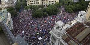 People protest against leading presidential candidate Jair Bolsonaro,at Cinelandia Square in Rio de Janeiro on Saturday.