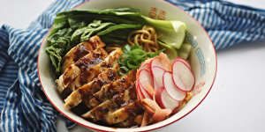 This miso chicken ramen can be served wet or dry (hold the broth).