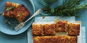 Anzac biscuit-inspired oat slice with coconut caramel topping.