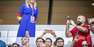 Former Danish prime minister Helle Thorning-Schmidt wears a rainbow-coloured armband before a World Cup match between Denmark and Tunisia,at the Education City Stadium,in Doha last year.