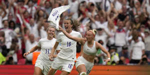 England’s Chloe Kelly celebrates after scoring England’s second goal in the European Championship final at Wembley in front of more than 80,000 fans.