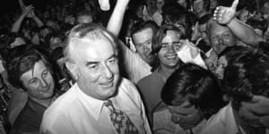 Gough and Margaret Whitlam mobbed by a crowd of supporters after the Labor Party won the 1972 Federal election.