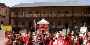 School teachers march along Macquarie Street in May. 