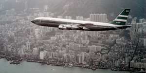 A Cathay Pacific Boeing 707 over Hong Kong in 1970.
