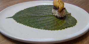 Waraq simsim (aged rice and sea urchin on perilla leaf). 