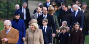 Catherine,the Princess of Wales,with her husband William,Prince of Wales,and their children following last year’s Christmas Day church service at Sandringham.