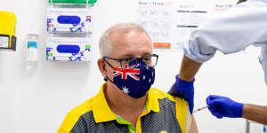 Prime Minister Scott Morrison receives his 2nd Pfizer vaccination at Castle Hill Medical Centre,Sydney,in April.