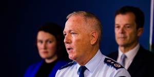NSW Police Commissioner Mick Fuller with sexual assault campaigner Saxon Mullins and NSW Attorney-General Mark Speakman,announcing the proposed changes to sexual consent laws. 