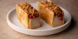 Peanut butter parfait,spiked with Davidson plum jam and sandwiched in filo pastry.