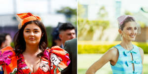 Fashion favourites ... a racegoer in Aje in 2022 (left),and Kate Waterhouse wearing Rebecca Vallance at the Everest.