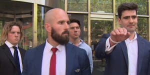 Thomas Sewell and Jacob Hersant outside the Melbourne County Court on Friday.