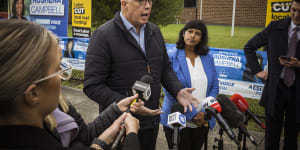 Opposition Leader Peter Dutton with unsuccessful Liberal candidate for Aston,Roshena Campbell,today.